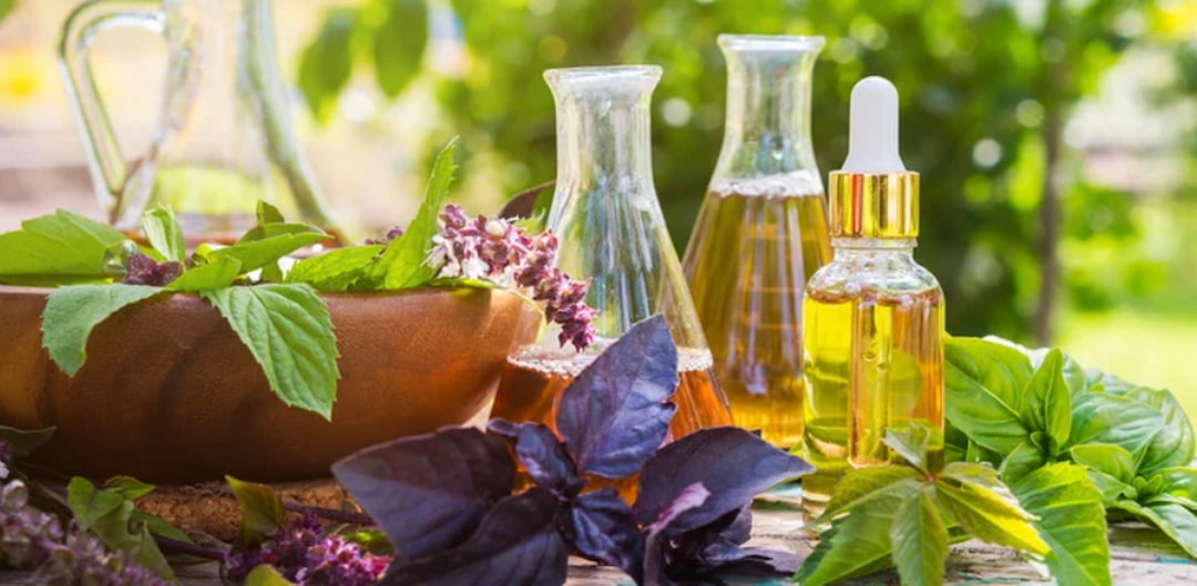 different herbs and natural remedies in bottles
